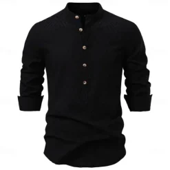 Hot OUKU Men's Shirt Black White khaki Long Sleeve Solid Color Standing Collar Outdoor Causal Buttons Clothing Apparel Daily Casual Daily Leisure