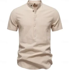 Sale OUKU Men's Shirt Black White Navy Blue Blue Beige Long Sleeve Solid Color Standing Collar Outdoor Causal Buttons Clothing Apparel Daily Casual Daily Leisure