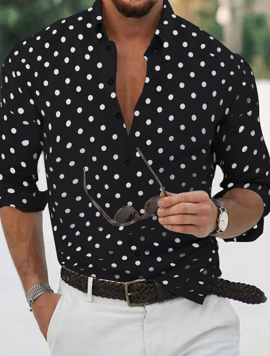 Discount OUKU Men's Shirt Button Up Shirt Casual Shirt Summer Shirt Black White Pink Blue Long Sleeve Polka Dot Lapel Daily Vacation Clothing Apparel Fashion Casual Comfortable