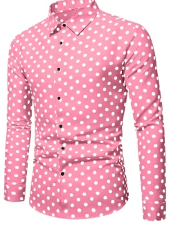 Discount OUKU Men's Shirt Button Up Shirt Casual Shirt Summer Shirt Black White Pink Blue Long Sleeve Polka Dot Lapel Daily Vacation Clothing Apparel Fashion Casual Comfortable