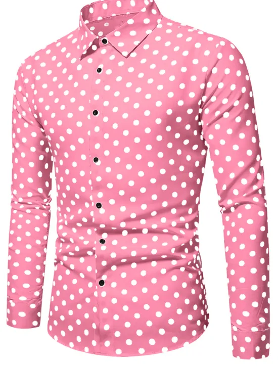 Discount OUKU Men's Shirt Button Up Shirt Casual Shirt Summer Shirt Black White Pink Blue Long Sleeve Polka Dot Lapel Daily Vacation Clothing Apparel Fashion Casual Comfortable