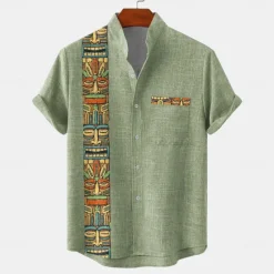 Online OUKU Men's Shirt Button Up Shirt Short Sleeve Vintage Casual Tribal Vacation Daily Summer Spring Band Collar grandad collar Print Dark Green Green Khaki