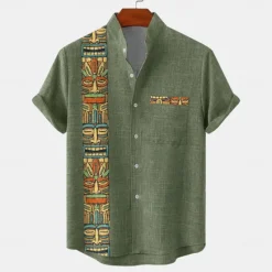 Online OUKU Men's Shirt Button Up Shirt Short Sleeve Vintage Casual Tribal Vacation Daily Summer Spring Band Collar grandad collar Print Dark Green Green Khaki