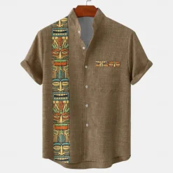 Online OUKU Men's Shirt Button Up Shirt Short Sleeve Vintage Casual Tribal Vacation Daily Summer Spring Band Collar grandad collar Print Dark Green Green Khaki