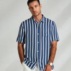 Clearance OUKU Men's Shirt Button Up Shirt Casual Shirt Beach Shirt Blue Short Sleeve Striped Turndown Shirt Collar Party Causal Button Clothing Apparel Daily Casual Daily Light Blue