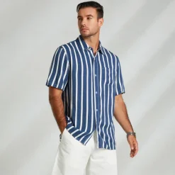 Clearance OUKU Men's Shirt Button Up Shirt Casual Shirt Beach Shirt Blue Short Sleeve Striped Turndown Shirt Collar Party Causal Button Clothing Apparel Daily Casual Daily Light Blue