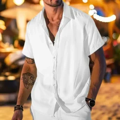 Sale OUKU Men's Shirt Button Up Shirt Casual Shirt Summer Shirt Beach Shirt White Light Green Blue Short Sleeve Stripes Lapel Daily Vacation Clothing Apparel Fashion Casual Comfortable