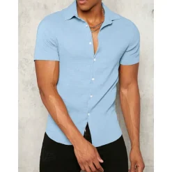 Outlet OUKU Men's Shirt Button Up Shirt Summer Shirt Casual Shirt Black White Yellow Blue Dark Green Short Sleeve Plain Lapel Daily Vacation Clothing Apparel Fashion Casual Comfortable