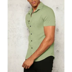 Outlet OUKU Men's Shirt Button Up Shirt Summer Shirt Casual Shirt Black White Yellow Blue Dark Green Short Sleeve Plain Lapel Daily Vacation Clothing Apparel Fashion Casual Comfortable