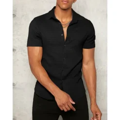 Outlet OUKU Men's Shirt Button Up Shirt Summer Shirt Casual Shirt Black White Yellow Blue Dark Green Short Sleeve Plain Lapel Daily Vacation Clothing Apparel Fashion Casual Comfortable