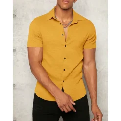 Outlet OUKU Men's Shirt Button Up Shirt Summer Shirt Casual Shirt Black White Yellow Blue Dark Green Short Sleeve Plain Lapel Daily Vacation Clothing Apparel Fashion Casual Comfortable