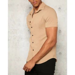 Outlet OUKU Men's Shirt Button Up Shirt Summer Shirt Casual Shirt Black White Yellow Blue Dark Green Short Sleeve Plain Lapel Daily Vacation Clothing Apparel Fashion Casual Comfortable