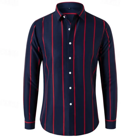 Best OUKU Men's Shirt Button Up Shirt Stripes Wedding Party Black White Red Dark Green Long Sleeve Lapel Spring & Fall Clothing Apparel
