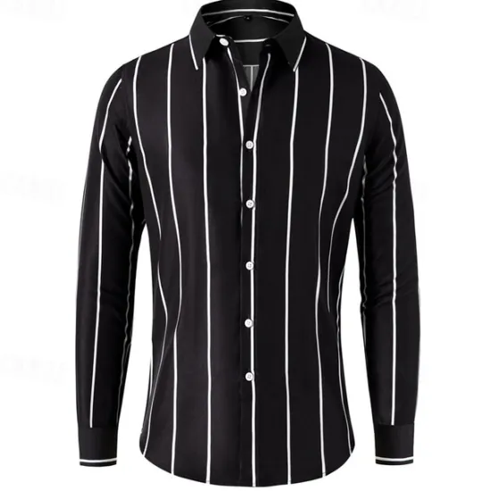 Best OUKU Men's Shirt Button Up Shirt Stripes Wedding Party Black White Red Dark Green Long Sleeve Lapel Spring & Fall Clothing Apparel