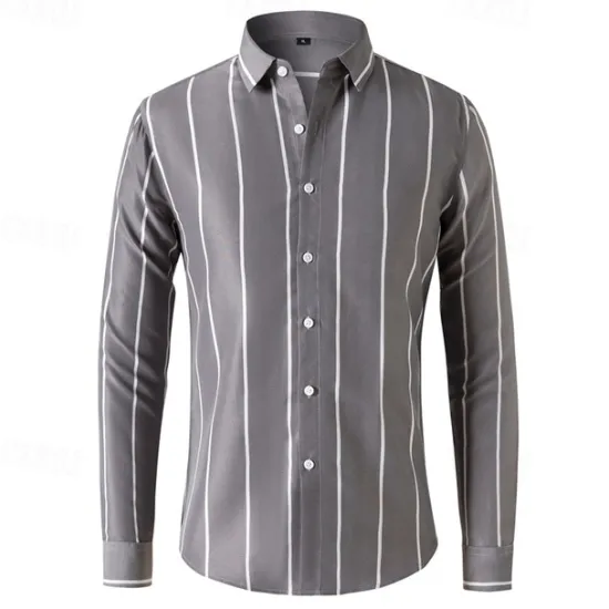 Best OUKU Men's Shirt Button Up Shirt Stripes Wedding Party Black White Red Dark Green Long Sleeve Lapel Spring & Fall Clothing Apparel