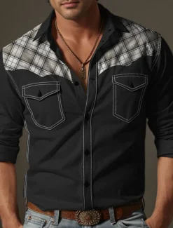 Best OUKU Men's Shirt Button Up Shirt Casual Shirt Western Shirt Black White Navy Blue Long Sleeve Plaid Color Block Lapel Daily Vacation Splice Clothing Apparel Fashion Casual Comfortable
