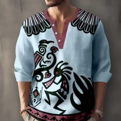 OUKU Men's Shirt Button Up Shirt Long Sleeve Casual Tribal Holiday Summer Spring Fall Stand Collar Print Blue Beige