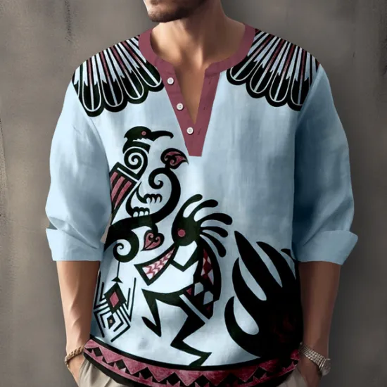 OUKU Men's Shirt Button Up Shirt Long Sleeve Casual Tribal Holiday Summer Spring Fall Stand Collar Print Blue Beige