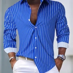 Clearance OUKU Men's Shirt Button Up Shirt Casual Shirt Summer Shirt Pink Blue Green Long Sleeve Stripes Lapel Hawaiian Holiday Button-Down Clothing Apparel Fashion Casual Comfortable