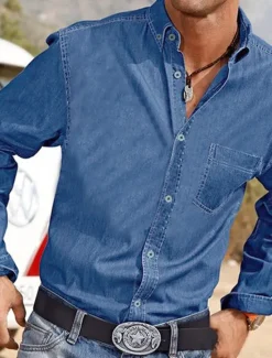 Outlet OUKU Men's Shirt Button Up Shirt Casual Shirt Jeans Shirt Denim Shirt Dark Blue Light Blue Long Sleeve Plain Turndown Daily Vacation Front Pocket Clothing Apparel Denim Stylish Classic & Timeless Casual