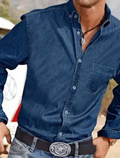 Outlet OUKU Men's Shirt Button Up Shirt Casual Shirt Jeans Shirt Denim Shirt Dark Blue Light Blue Long Sleeve Plain Turndown Daily Vacation Front Pocket Clothing Apparel Denim Stylish Classic & Timeless Casual