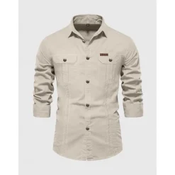 Best OUKU Men's Shirt Button Up Shirt Casual Shirt Work Shirt Cargo Shirt Navy Blue Green khaki Beige Long Sleeve Plain Collar Street Daily Front Pocket Clothing Apparel Fashion Casual Comfortable
