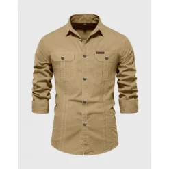 Best OUKU Men's Shirt Button Up Shirt Casual Shirt Work Shirt Cargo Shirt Navy Blue Green khaki Beige Long Sleeve Plain Collar Street Daily Front Pocket Clothing Apparel Fashion Casual Comfortable