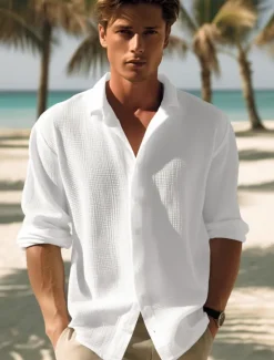 OUKU Men's Shirt Button Up Shirt Casual Shirt Summer Shirt Waffle Henley Shirt Black White Blue khaki Long Sleeve Plain Lapel Daily Vacation Clothing Apparel Fashion Casual Comfortable