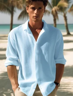 OUKU Men's Shirt Button Up Shirt Casual Shirt Summer Shirt Waffle Henley Shirt Black White Blue khaki Long Sleeve Plain Lapel Daily Vacation Clothing Apparel Fashion Casual Comfortable