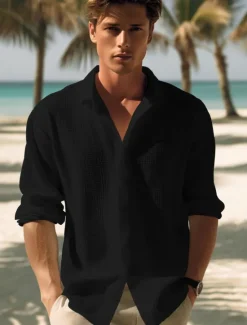 OUKU Men's Shirt Button Up Shirt Casual Shirt Summer Shirt Waffle Henley Shirt Black White Blue khaki Long Sleeve Plain Lapel Daily Vacation Clothing Apparel Fashion Casual Comfortable