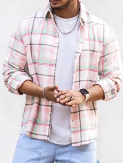 Hot OUKU Men's Shirt Casual Shirt Button Up Shirt Overshirt Checked Shirts Long Sleeve Plaid Turndown Vacation Daily Print Clothing Apparel Cotton Cotton Blend Fashion Casual Comfortable Pink