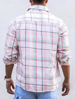 Hot OUKU Men's Shirt Casual Shirt Button Up Shirt Overshirt Checked Shirts Long Sleeve Plaid Turndown Vacation Daily Print Clothing Apparel Cotton Cotton Blend Fashion Casual Comfortable Pink