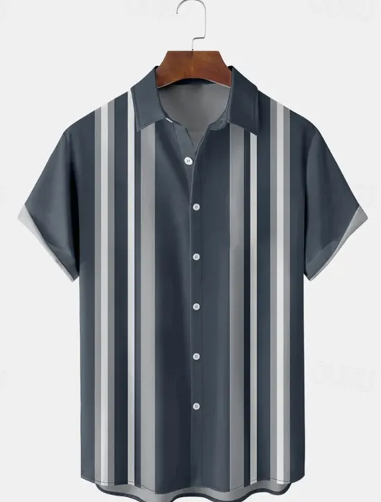 Outlet OUKU Men's Shirt Casual Shirt Bowling Shirt Button Up Shirt Black Wine Red Short Sleeve Striped Turndown Vacation Street Vintage Style Clothing Apparel Polyester Cotton Blend Fashion 1950s Casual