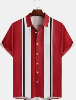 Outlet OUKU Men's Shirt Casual Shirt Bowling Shirt Button Up Shirt Black Wine Red Short Sleeve Striped Turndown Vacation Street Vintage Style Clothing Apparel Polyester Cotton Blend Fashion 1950s Casual