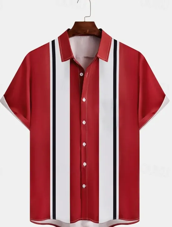Outlet OUKU Men's Shirt Casual Shirt Bowling Shirt Button Up Shirt Black Wine Red Short Sleeve Striped Turndown Vacation Street Vintage Style Clothing Apparel Polyester Cotton Blend Fashion 1950s Casual