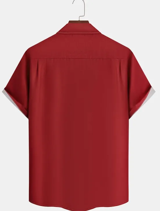 Outlet OUKU Men's Shirt Casual Shirt Bowling Shirt Button Up Shirt Black Wine Red Short Sleeve Striped Turndown Vacation Street Vintage Style Clothing Apparel Polyester Cotton Blend Fashion 1950s Casual