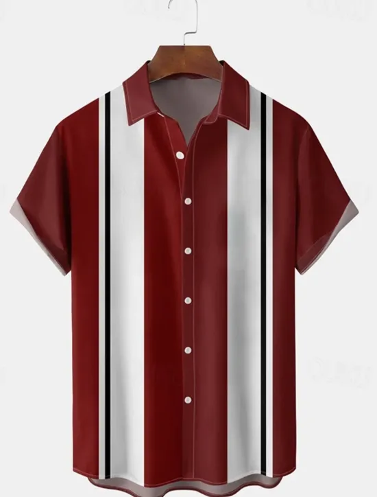 Outlet OUKU Men's Shirt Casual Shirt Bowling Shirt Button Up Shirt Black Wine Red Short Sleeve Striped Turndown Vacation Street Vintage Style Clothing Apparel Polyester Cotton Blend Fashion 1950s Casual