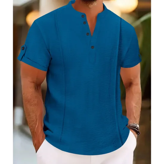 OUKU Men's Shirt Casual Shirt Button Up Shirt Plain Vacation Street White Royal Blue Blue Brown Short Sleeve Henley Summer Clothing Apparel Lace up