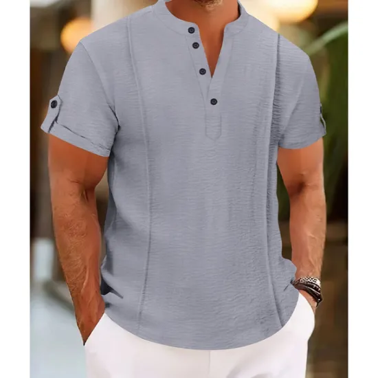 OUKU Men's Shirt Casual Shirt Button Up Shirt Plain Vacation Street White Royal Blue Blue Brown Short Sleeve Henley Summer Clothing Apparel Lace up