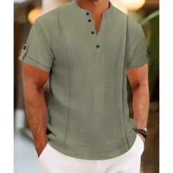 OUKU Men's Shirt Casual Shirt Button Up Shirt Plain Vacation Street White Royal Blue Blue Brown Short Sleeve Henley Summer Clothing Apparel Lace up