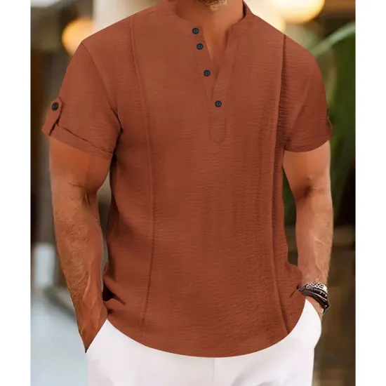 OUKU Men's Shirt Casual Shirt Button Up Shirt Plain Vacation Street White Royal Blue Blue Brown Short Sleeve Henley Summer Clothing Apparel Lace up