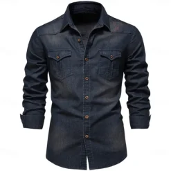 Discount OUKU Men's Shirt Casual Shirt Button Up Shirt Denim Shirt Plain Vacation Daily Light Blue Black Dark Navy Blue Long Sleeve Collar Winter Spring & Fall Clothing Apparel Front Pocket