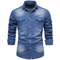 Discount OUKU Men's Shirt Casual Shirt Button Up Shirt Denim Shirt Plain Vacation Daily Light Blue Black Dark Navy Blue Long Sleeve Collar Winter Spring & Fall Clothing Apparel Front Pocket