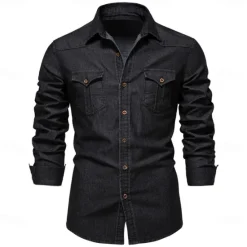 Discount OUKU Men's Shirt Casual Shirt Button Up Shirt Denim Shirt Plain Vacation Daily Light Blue Black Dark Navy Blue Long Sleeve Collar Winter Spring & Fall Clothing Apparel Front Pocket