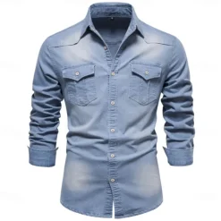 Discount OUKU Men's Shirt Casual Shirt Button Up Shirt Denim Shirt Plain Vacation Daily Light Blue Black Dark Navy Blue Long Sleeve Collar Winter Spring & Fall Clothing Apparel Front Pocket