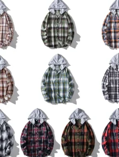 Outlet OUKU Men's Shirt Casual Shirt Button Up Shirt Hooded Shirt Black Light Brown Blue Dark Green Red Long Sleeve Plaid / Check Hooded Vacation Street Hooded Clothing Apparel Stylish Classic Casual