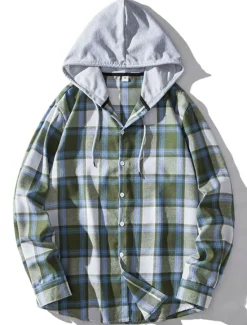 Outlet OUKU Men's Shirt Casual Shirt Button Up Shirt Hooded Shirt Black Light Brown Blue Dark Green Red Long Sleeve Plaid / Check Hooded Vacation Street Hooded Clothing Apparel Stylish Classic Casual