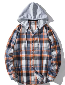 Outlet OUKU Men's Shirt Casual Shirt Button Up Shirt Hooded Shirt Black Light Brown Blue Dark Green Red Long Sleeve Plaid / Check Hooded Vacation Street Hooded Clothing Apparel Stylish Classic Casual