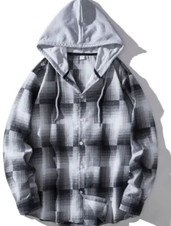 Outlet OUKU Men's Shirt Casual Shirt Button Up Shirt Hooded Shirt Black Light Brown Blue Dark Green Red Long Sleeve Plaid / Check Hooded Vacation Street Hooded Clothing Apparel Stylish Classic Casual