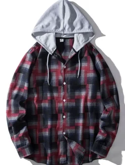 Outlet OUKU Men's Shirt Casual Shirt Button Up Shirt Hooded Shirt Black Light Brown Blue Dark Green Red Long Sleeve Plaid / Check Hooded Vacation Street Hooded Clothing Apparel Stylish Classic Casual